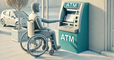 אדם עם מוגבלות ליד מכשיר כספומט. עיבוד AI - מערכת