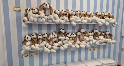 החדר של בובות חיבוקי בגן חיבוקי. על שני מדפים על הקיר עשרות של בובות חיבוקי. הבובות בצבעים לבן וחום.