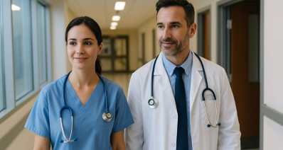 אחות ורופא במסדרונות בית חולים. עיבוד AI - מערכת