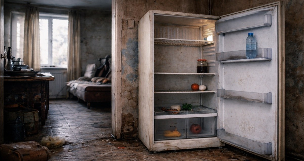 מקרר ריק בדירה מוזנחת. עיבוד AI - מדיה היפר לוקאלית