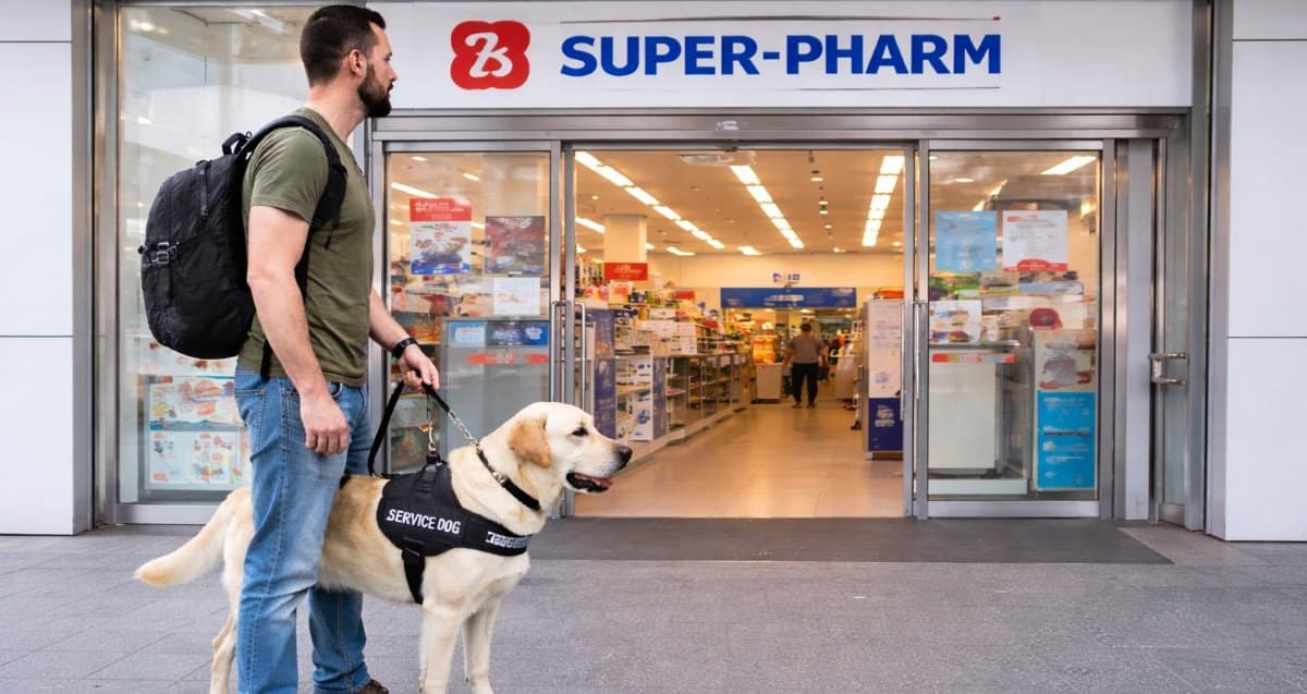 המחשה: הלום קרב עם כלב שירות מחוץ לסופר פארם. עיבוד: AI - מערכת