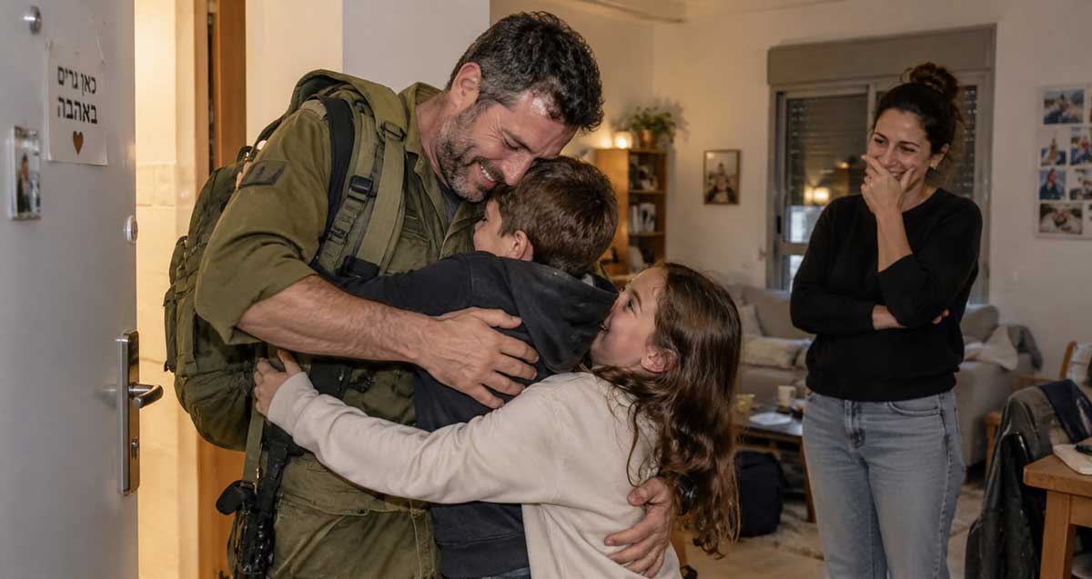 חזרה הביתה ממילואים. איור AI. אבא במדים ונשק מחבק ילד וילדה. מימין עומדת אשתו.