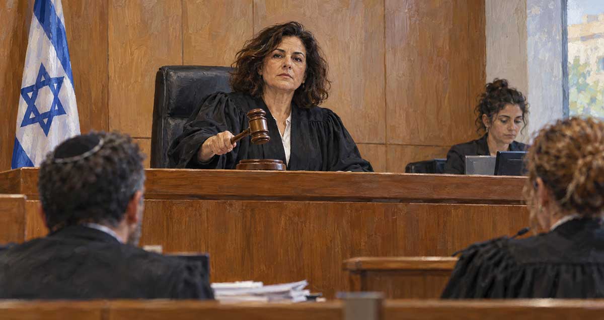 הדמיית אולם בית משפט. איור AI.