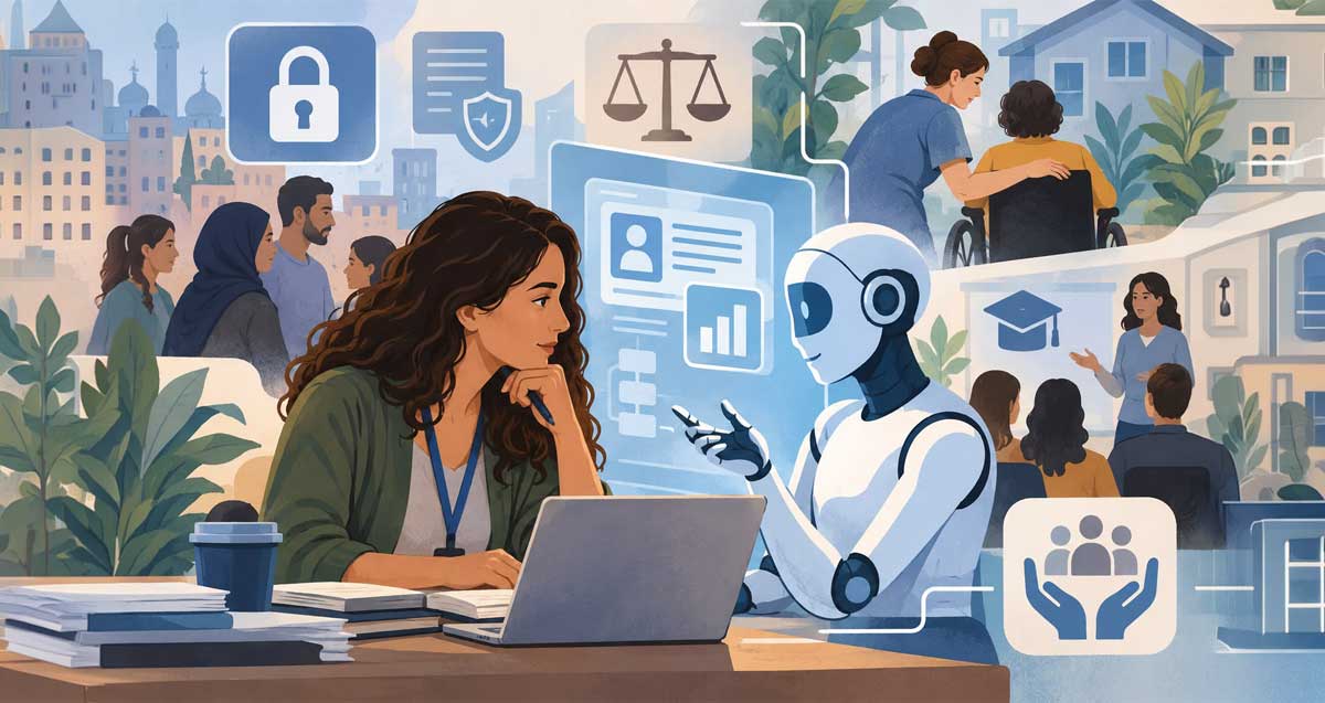 אשת מקצוע נועצת ברובוט. איור AI. שניהם יושבים ליד שולחן עבודה ועליו מחשב נייד וספרים.
