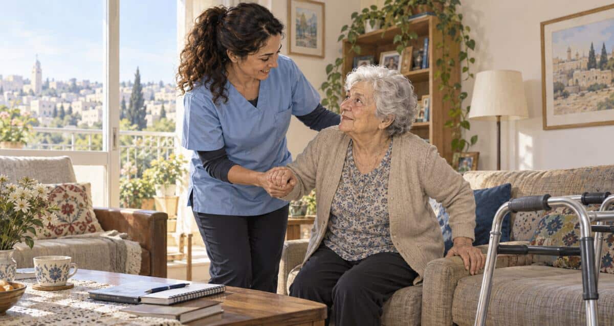 מטפלת סיעודית מסייעת לקשישה לקום מהספה בביתה, ולצדה הליכון. הדמיית AI: אתר רגישות