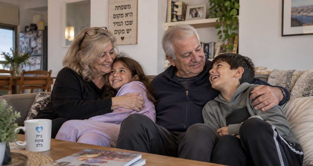 משפחת אומנה מבוגרת. איור AI. ארבעה יושבים מחובקים על ספה. מימין: ילד, מבוגר, ילדה, מבוגרת.