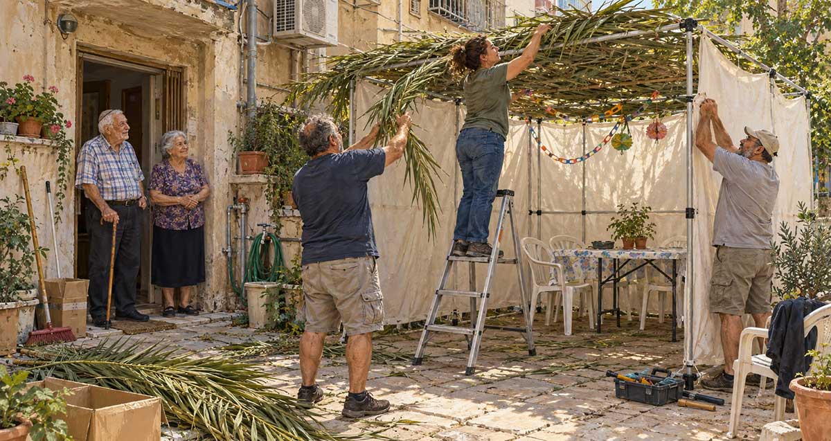 מתנדבים מקימים סוכה בחג הסוכות. איור AI.