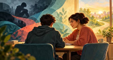איור של נער יושב מול אשת מקצוע בחדר מואר, לצד דימוי מופשט של בדידות ותמיכה