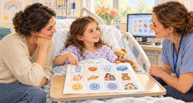 איור של ילדה מאושפזת המצביעה על סמל מים בלוח תקשורת מודפס, לצד הורה וקלינאית תקשורת