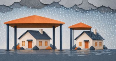 איור מגזרות נייר של שני בתים תחת אותו גשם: חופה רחבה מגינה על בית אחד, וחופה קטנה מותירה חלק מהבית האחר חשוף