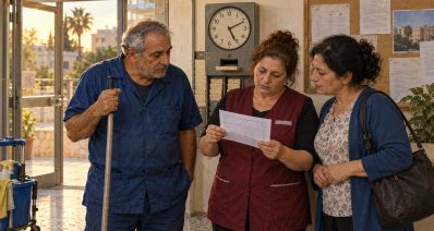 איור של שלושה עובדים בודקים תלוש שכר ליד שעון נוכחות בסיום משמרת