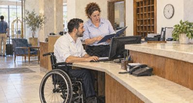 איור של עובד בכיסא גלגלים ועמיתה בעמדת הקבלה של מלון