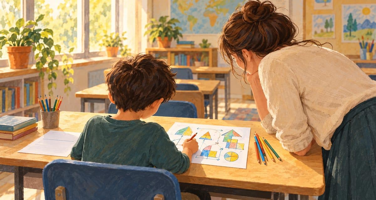 איור של ילד המציג פתרון בציורים ובצורות צבעוניות לצד מורה בכיתה