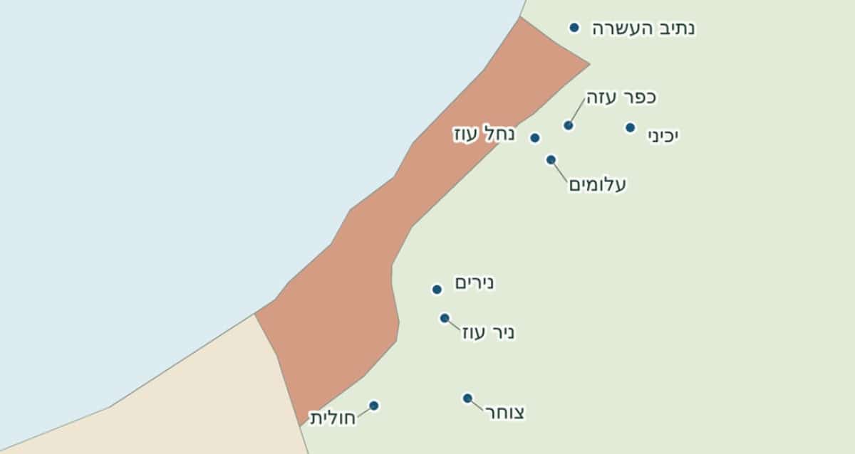 מפת יישובי העוטף בדרום. איור AI: אתר רגישות
