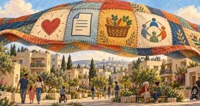 שמיכת טלאים מעל שכונה ישראלית, המסמלת תמיכה במשפחות. איור AI: אתר רגישות