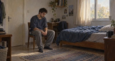 איור של צעיר היושב לבדו בחדרו בבית