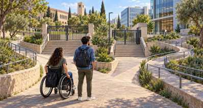 איור של צעירה בכיסא גלגלים וצעיר עם תיק גב מול מדרגות ושערים בדרך לקמפוס ולמשרדים